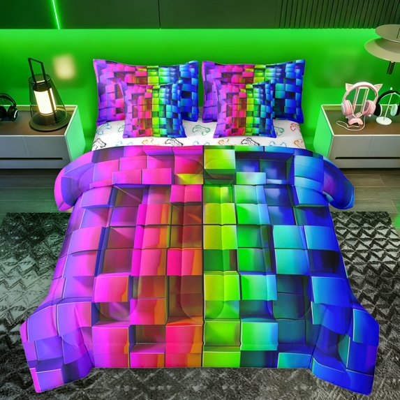 Manfei Modern Geometric Grid 7-Piece Twin Bedding Sets,3D Plaid Pattern Bedding Comforter Set,Multicolor Checkered Sheet Sets For Boys Kids,Microfiber Bedroom Decor Reversible