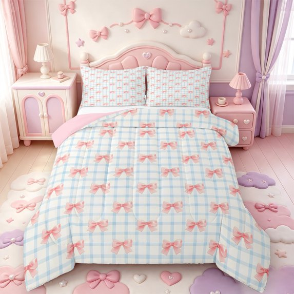 Manfei Modern Geometric Grid Full Size Comforter Sets,Pink Kawaii Bowknot Bedding Comforter Set,Pink Reversible,3 Pieces,1 Comforter and 2 Pillowcases
