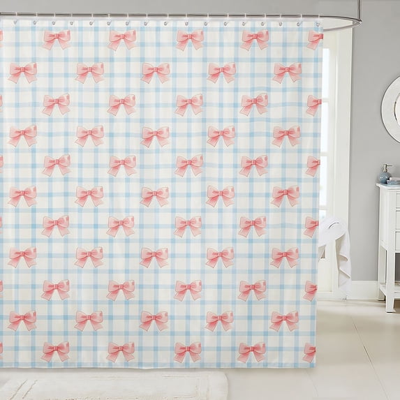 Manfei Modern Geometric Grid Shower Curtain 72Wx72L,Pink Kawaii Bowknot Bathroom Curtain