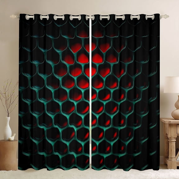 Manfei Modern Geometric Honeycomb Blackout Curtains, Abstract 3D Grid Curtains Pack of 2 (42x84 Each), Red Teal