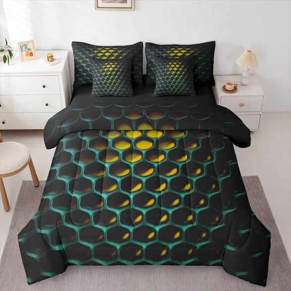 Manfei Modern Geometric Honeycomb Queen Bedding, Abstract 3D Grid Bedding Comforter Set Queen, Yellow Teal, Black Reversible 7pcs