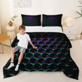 thumbnail image 1 of Manfei Modern Geometric Honeycomb Queen Comforter Set, Abstract 3D Grid Comforter Sets Queen, Purple Teal, Black Reversible 3 Pieces, 1 Comforter and 2 Pillowcases, 1 of 6