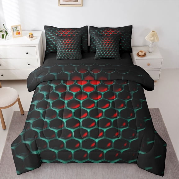 Manfei Modern Geometric Honeycomb Twin Bedding, Abstract 3D Grid Bedding Comforter Set, Red Teal, Black Reversible 7 Pieces