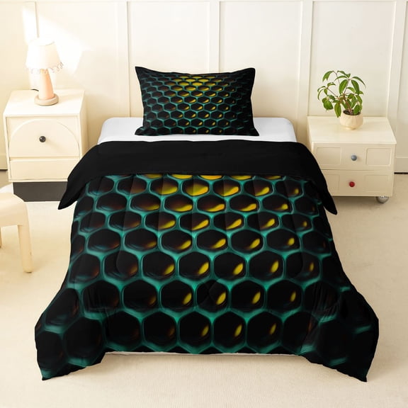 Manfei Modern Geometric Honeycomb Twin Comforter Sets, Abstract 3D Grid Bedding Set, Yellow Teal, Black Reversible 2-Piece, 1 Comforter and 1 Pillowcase