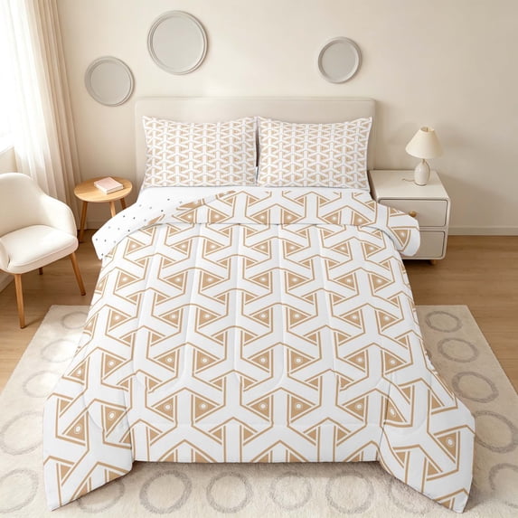 Manfei Modern Geometric Line Full Size Comforter Sets, Triangle Bedding Comforter Set, Beige White, Reversible 3pcs, 1 Comforter and 2 Pillowcases