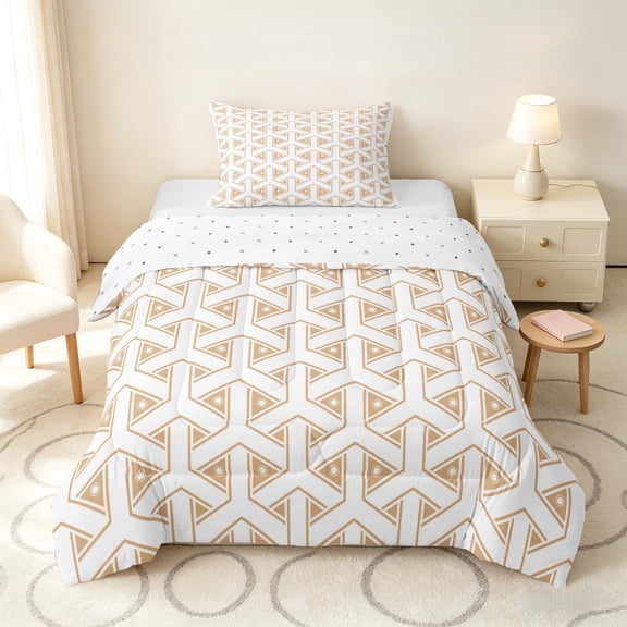 Manfei Modern Geometric Line Twin Comforter Sets, Triangle Bedding Set, Beige White, Reversible 2pcs, 1 Comforter and 1 Pillowcase