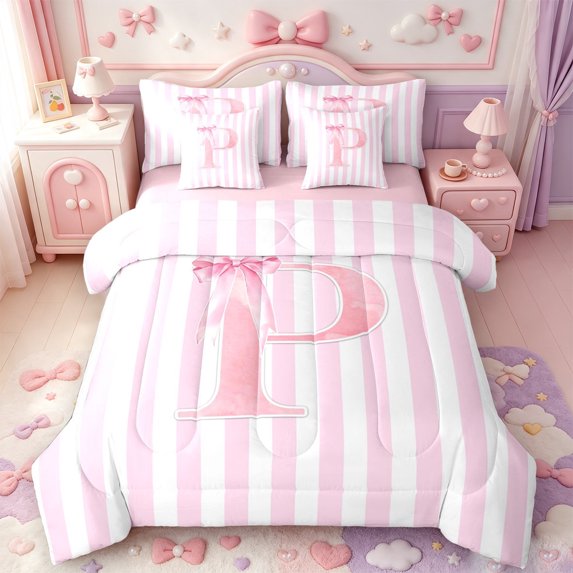 Manfei Modern Geometric Pattern 7pcs Queen Bedding,Pink Personalized Letter P Gifts Bedding Comforter Set Queen,Pink Reversible