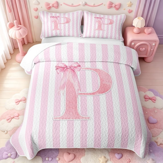 Manfei Modern Geometric Pattern Bed Spread Queen,Pink Personalized Letter P Gifts Queen Coverlet Set,3-Piece,1 Quilt and 2 Pillowcases