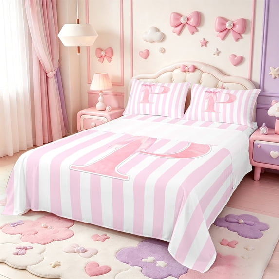 Manfei Modern Geometric Pattern Queen Sheets,Pink Personalized Letter P Gifts Queen Sheet Sets,4-Piece,1 Flat Sheet,1 Fitted Sheet and 2 Pillowcases