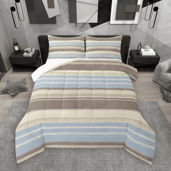Manfei Modern Geometric Queen Comforter Set 3 Pieces, Minimalist Stripe Bedding Sets, Brown Blue Bedding Comforter Set, Microfiber Bedroom Decor