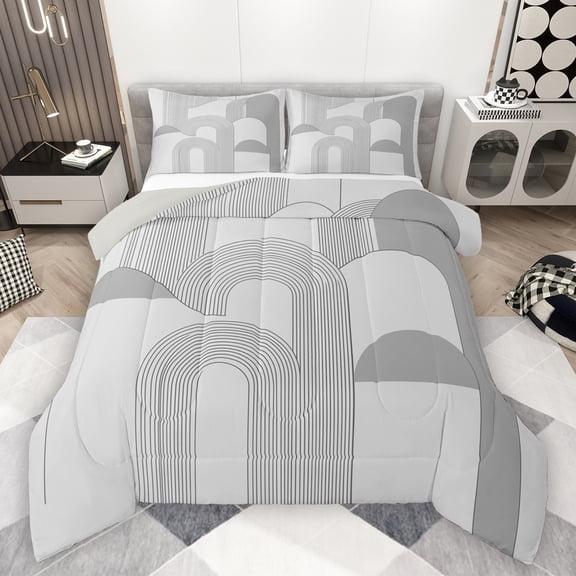 Manfei Modern Geometric Queen Comforter Set,Stripe Lines Pattern Bedding Sets,Gray Dot Bedding Comforter Set For Girl Boys,Super Cozy Room Decor Reversible,3-Piece