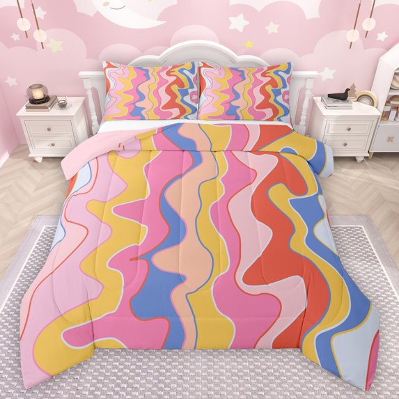 Manfei Modern Geometric Queen Comforter Set,Wave Lines Pattern Bedding Sets,Colorful Striped Bedding Comforter Set For Girl Boys,Super Cozy Room Decor Reversible,3 Pieces