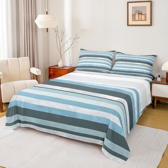 Manfei Modern Geometric Queen Sheet Sets 4 Pieces, Minimalist Stripe Flat Sheet, Blue Teal Queen Fitted Sheet, Super Cozy Room Decor