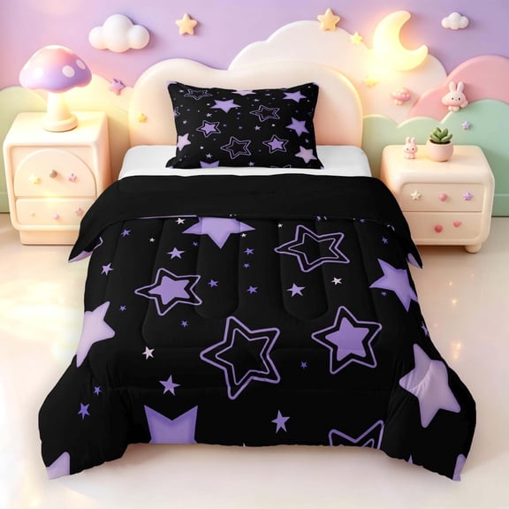 Manfei Modern Geometric Stars Twin Comforter Sets,Galaxy Theme Bedding Set,Black Purple,Black Reversible,2pcs,1 Comforter and 1 Pillowcase