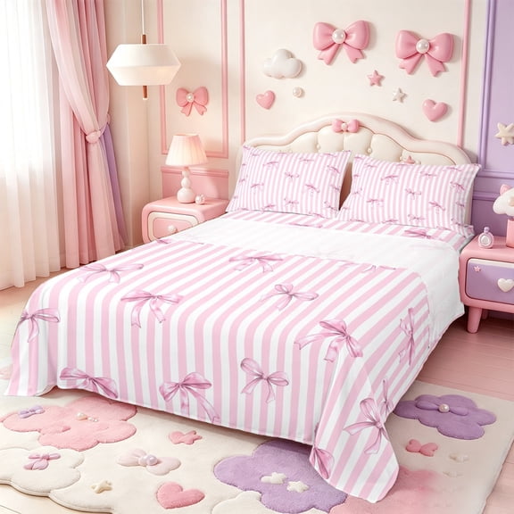 Manfei Modern Geometric Stripes Bed Sheets,Pink Princess Bow Full Size Sheets,4pcs,1 Flat Sheet,1 Fitted Sheet and 2 Pillowcases