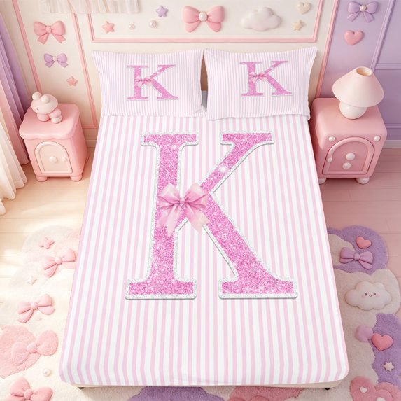 Manfei Modern Geometric Stripes Fitted Sheet Full,Monogrammed K Design Bed Set,3pcs,1 Fitted Sheet and 2 Pillowcases