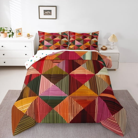 Manfei Modern Geometric Stripes Queen Comforter Set,Geometric Lines Aesthetic Bedding Sets,Brown Orange Pink Bedding Comforter Set For Kids,Ultra Soft Home Decor Reversible,3-Piece