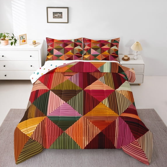 Manfei Modern Geometric Stripes Queen Comforter Set,Geometric Lines Aesthetic Bedding Sets,Brown Orange Pink Bedding Comforter Set For Kids,Ultra Soft Home Decor Reversible,3-Piece