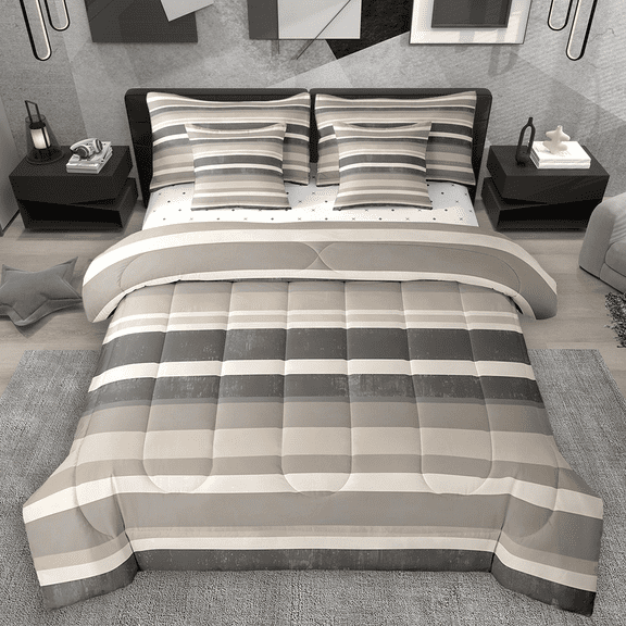 Manfei Modern Geometric Twin Bedding Sets 7pcs, Minimalist Stripe Bedding Comforter Set, Gray Brown Sheet Sets, Microfiber Bedroom Decor