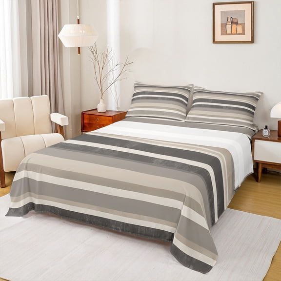 Manfei Modern Geometric Twin Sheet Sets 3pcs, Minimalist Stripe Twin Fitted Sheet, Gray Brown Flat Sheet, Microfiber Bedroom Decor