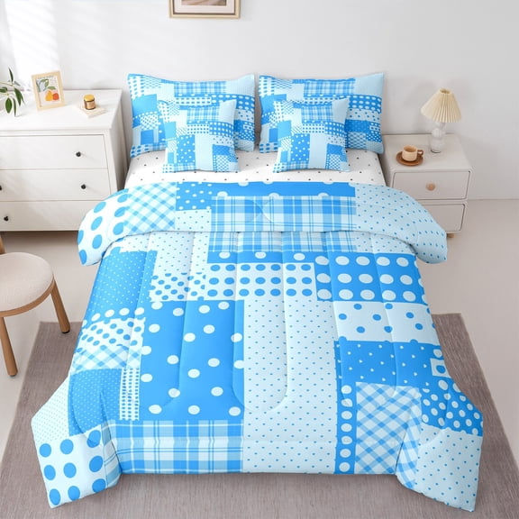 Manfei Modern Geometric Grid 7-Piece Twin Bedding Sets,Geometric Spot Aesthetic Bedding Comforter Set,Blue Checkered Sheet Sets For Teens Girl,Luxury Bedroom Decor Reversible