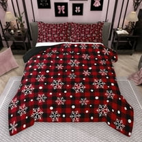 Manfei Modern Grid Artistic Bedding Comforter Set,Cute Christmas Snowflake Twin Comforter Sets,Red Black White Bedding Set For Girl Kids,Super Cozy Room Decor Reversible,2-Piece