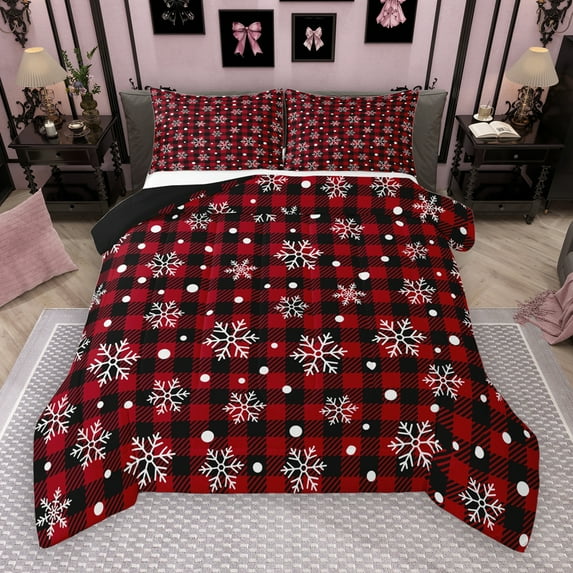 Manfei Modern Grid Artistic Bedding Comforter Set,Cute Christmas Snowflake Twin Comforter Sets,Red Black White Bedding Set For Girl Kids,Super Cozy Room Decor Reversible,2-Piece