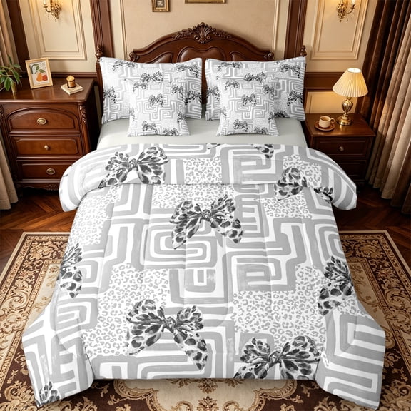 Manfei Modern Leopard Bowtie 7-Piece Twin Bedding,Geometric Retro Bedding Comforter Set,Light Gray Reversible