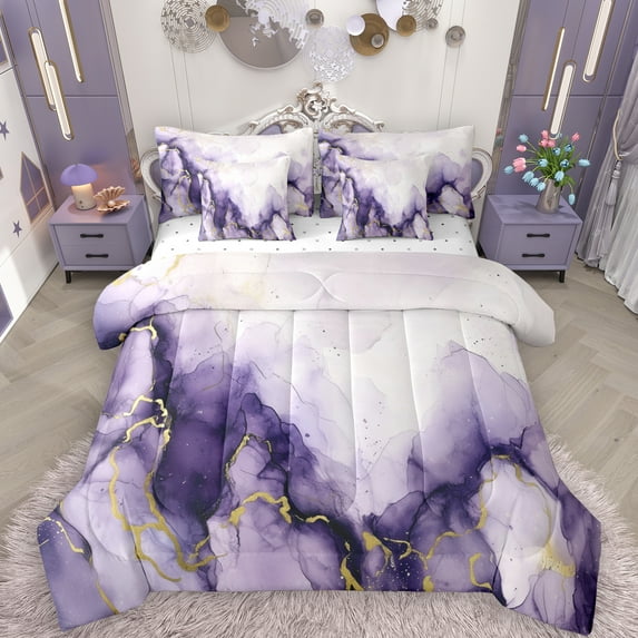 Manfei Modern Marble 7pcs Bedding Comforter Set for Female, Purple Gold Watercolor Queen Bedding Sets, Abstract Ombre Reversible Queen Sheet Sets, Microfiber Bedroom Decor