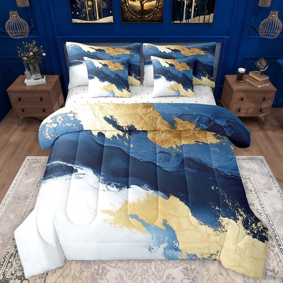 Manfei Modern Marble Pattern 7-Piece Bedding Comforter Set,Fulid Art King Bedding Sets,White Gold Blue Bed Sheets For Kids,Microfiber Bedroom Decor Reversible