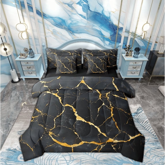 Manfei Modern Marble Stone Bedding Comforter Set 7-Piece for Adult, Abstract Artwork King Bedding Sets, Black Gold Marbling Reversible Bed Sheets, Ultra Soft Home Decor