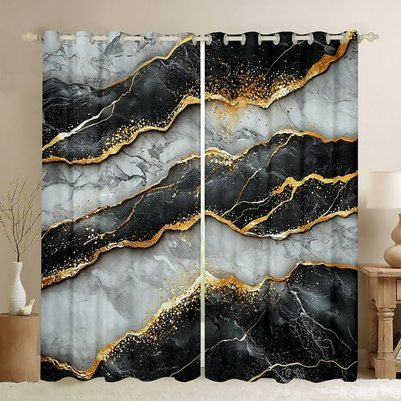 Manfei Modern Marble Stone Black Out Curtains for Adult, Abstract Artwork Curtains Pack of 2 (42x63 Each), Black Gold Marbling Bedroom Curtains, Window Curtains Home Decor