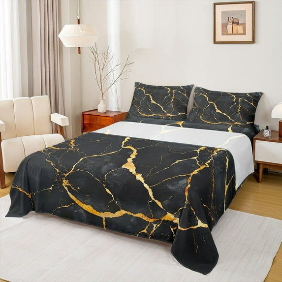 Manfei Modern Marble Stone Full Size Sheets for Adult, Abstract Artwork Bed Sheets, Black Gold Marbling Sheet Sets, Ultra Soft Home Decor, 4 Pieces