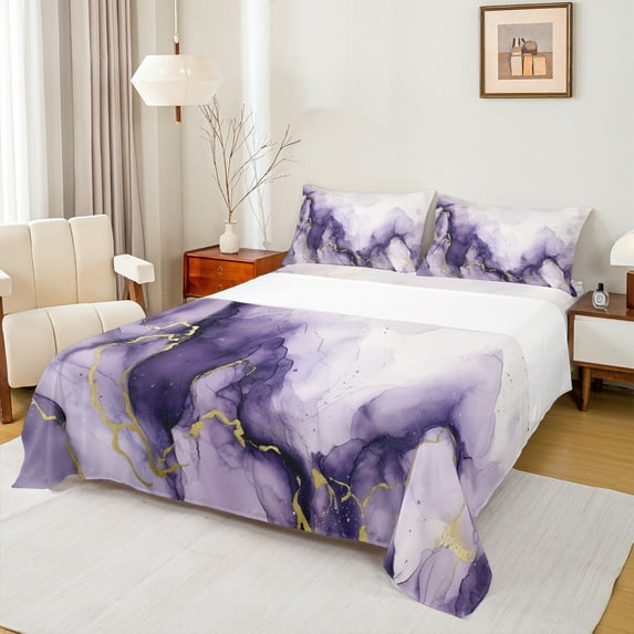 Manfei Modern Marble Twin Sheet Sets for Female, Purple Gold Watercolor Twin Fitted Sheet, Abstract Ombre Flat Sheet, Microfiber Bedroom Decor, 3pcs