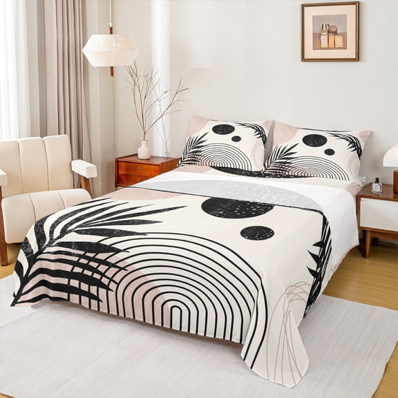 Manfei Modern Minimalism Bed Sheets for Adult, Plant Botanical King Sheets, Abstract Striped Sheet Set, Luxury Bedroom Decor, 4 Pieces