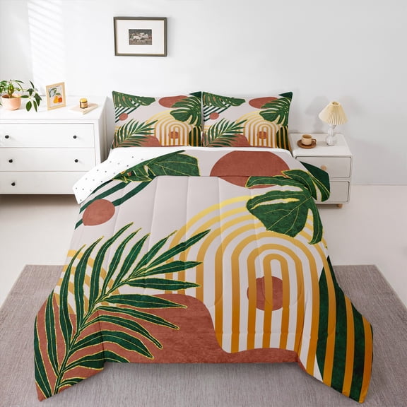 Manfei Modern Minimalism Bedding Comforter Set for Adult, Plant Botanical Twin Comforter Sets, Abstract Striped Reversible Bedding Set, Luxury Bedroom Decor, 2 Pieces