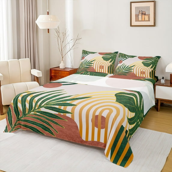 Manfei Modern Minimalism Twin Sheet Sets for Adult, Plant Botanical Twin Fitted Sheet, Abstract Striped Flat Sheet, Luxury Bedroom Decor, 3 Pieces