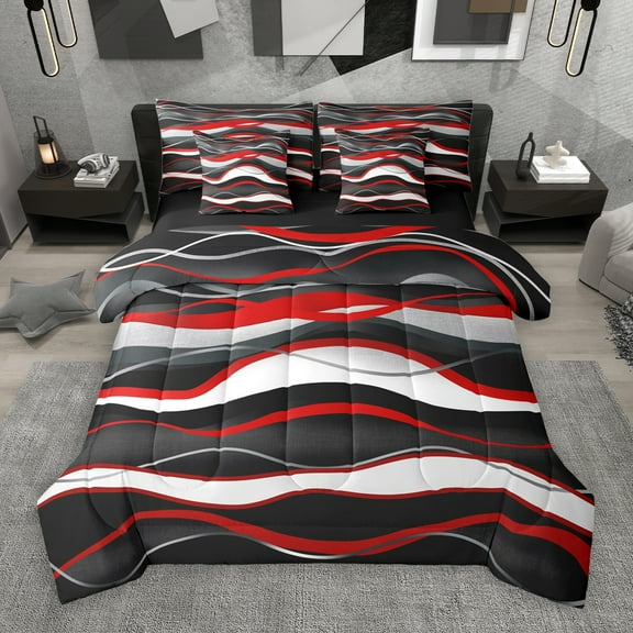 Manfei Modern Minimalist Artistic 7-Piece Twin Bedding Sets,Geometric Waves Lines Bedding Comforter Set,Red Black Sheet Sets For Girl Teens,Microfiber Bedroom Decor Reversible