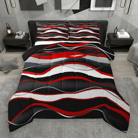 Manfei Modern Minimalist Artistic Bedding Comforter Set,Geometric Waves Lines Twin Comforter Sets,Red Black Bedding Set For Girl Teens,Microfiber Bedroom Decor Reversible,2-Piece