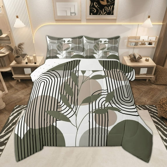 Manfei Modern Minimalist Bedding Comforter Set, Tropical Green Leaves Twin Comforter Sets, Simple Art Circle Lines Bedding Set, Luxury Bedroom Decor, 2pcs Reversible