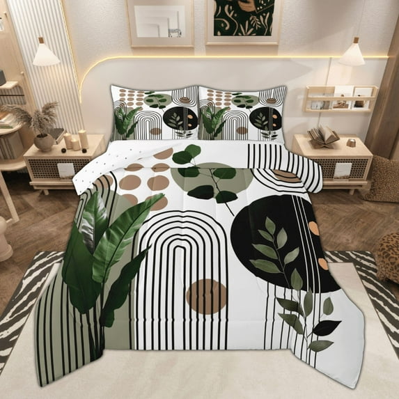 Manfei Modern Minimalist Bedding Comforter Set, Tropical Green Leaves Twin Comforter Sets, Simple Art Lines Bedding Set, Lightweight Room Decor, 2pcs Reversible