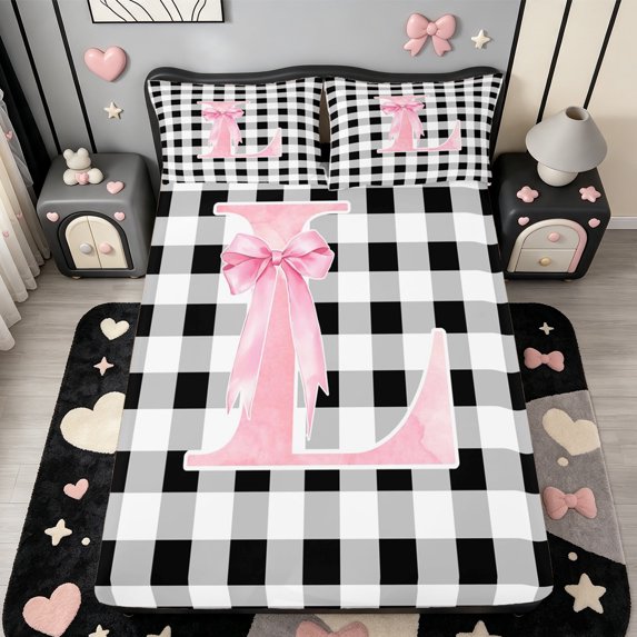 Manfei Modern Minimalist Checkered Fitted Sheet Queen,Cartoon Alphabet L Bedding,3-Piece,1 Fitted Sheet and 2 Pillowcases