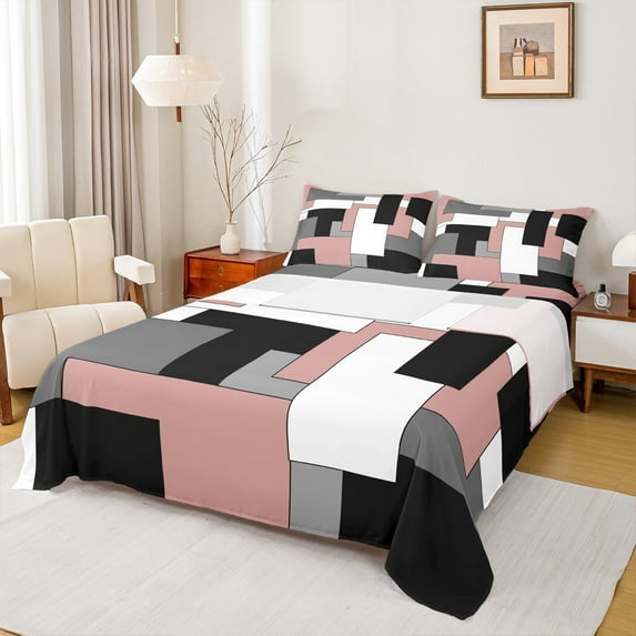 Manfei Modern Minimalist Full Size Sheets 4pcs, Black Gray White Pink Bed Sheets, Geometric Buffalo Sheet Sets, Breathable Bedroom Decor