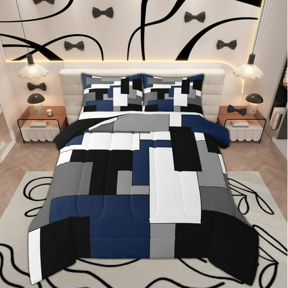 Manfei Modern Minimalist Queen Comforter Set, Black Gray White Navy Blue Bedding Sets, Geometric Buffalo Bedding Comforter Set, Breathable Bedroom Decor, Reversible 3-Piece