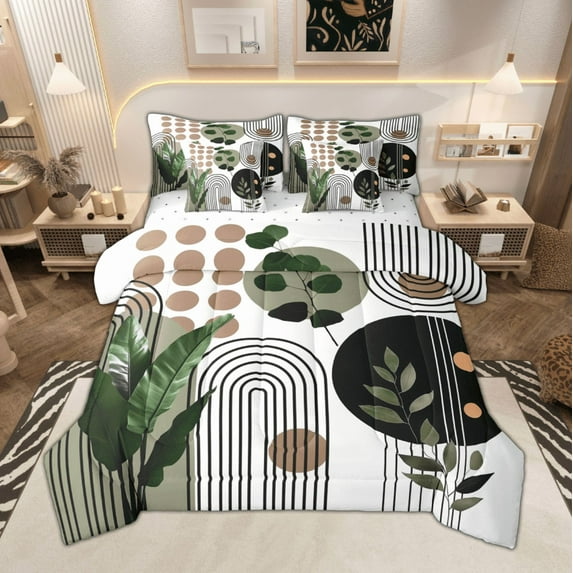 Manfei Modern Minimalist Twin Bedding Sets, Tropical Green Leaves Bedding Comforter Set, Simple Art Lines Sheet Sets, Lightweight Room Decor Reversible 7 Pieces