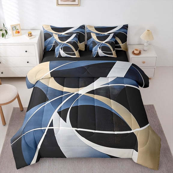 Manfei Modern Minimalst Bedding Comforter Set 7pcs for Adult, Circle Stripes Ombre Queen Bedding Sets, Abstract Geometric Reversible Queen Sheet Sets, Luxury Bedroom Decor