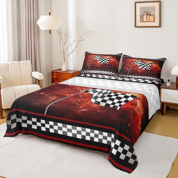 Manfei Modern Motorcycle Bed Sheets Set King Size, Extreme Sports Bed Sheets King, Checkered Geometric Bedding King Size, Microfiber Bedroom Decoration, 4pcs