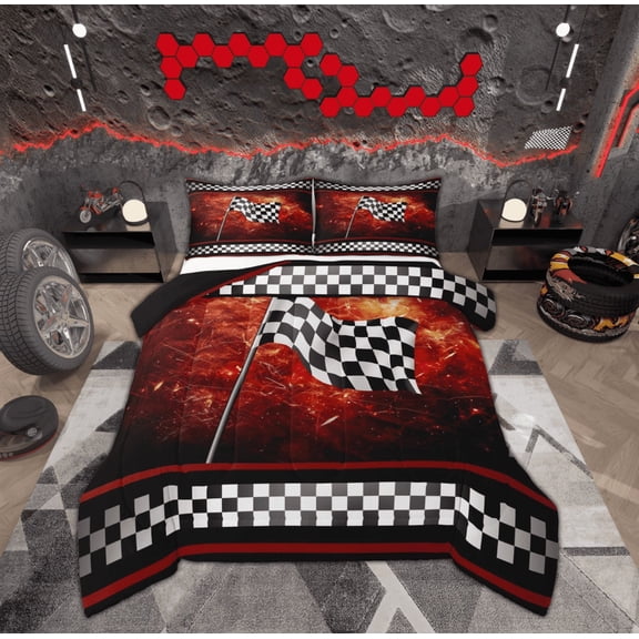 Manfei Modern Motorcycle Bedding Full Comforter Set, Extreme Sports Down Comforter, Checkered Geometric Reversible Duvet Insert, Microfiber Bedroom Decoration, 3pcs