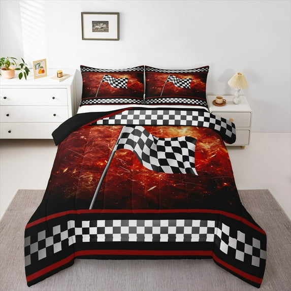 Manfei Modern Motorcycle Bedding Sets with Comforter, Extreme Sports Comforter Sets, Checkered Geometric Reversible Down Comforter, Microfiber Bedroom Decoration, 2pcs