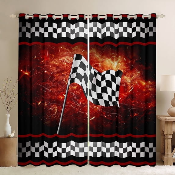 Manfei Modern Motorcycle Curtains Pack of 2 (42x84), Extreme Sports Curtains for Living Room, Checkered Geometric Black Out Curtains, Window Curtains Bedroom Decoration